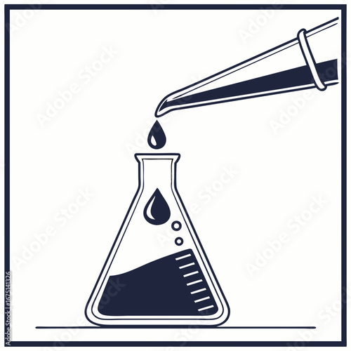 Chemical Reaction Illustration Droplet Falling into Erlenmeyer Flask Science Concept.