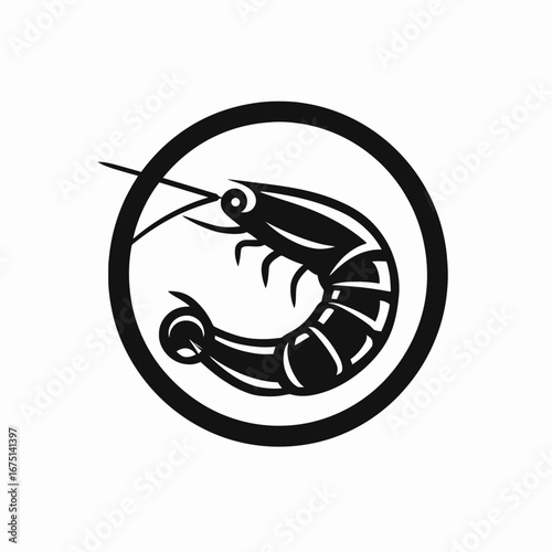 Stylized shrimp illustration in a circular logo design food silhouette