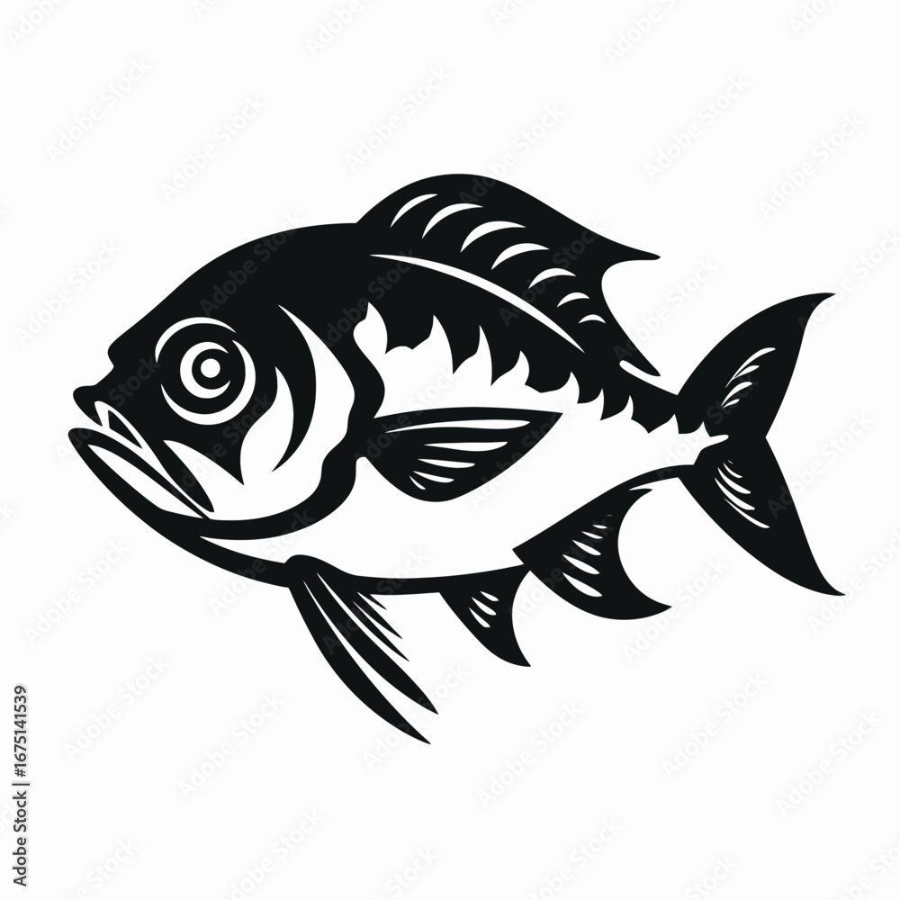 Fototapeta premium Artistic black graphic detailed swimming fish vector on a white background silhouette