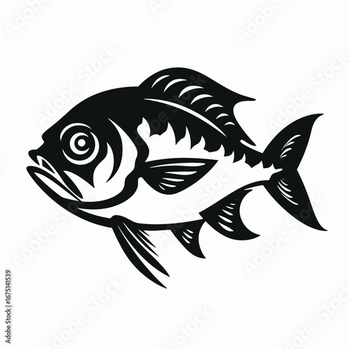 Artistic black graphic detailed swimming fish vector on a white background silhouette