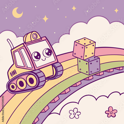 Cute Cartoon Tank with Big Eyes on Rainbow with Dice.