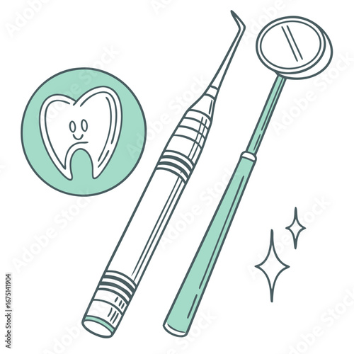 Handdrawn dental care illustration with a mouth mirror probe and a cute tooth icon.