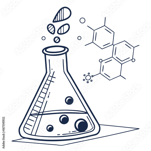 Handdrawn sketch of a bubbling chemical reaction in a conical flask with a molecular formula.