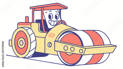 Happy Cartoon Road Roller with Smiling Face Yellow and Coral Colors.