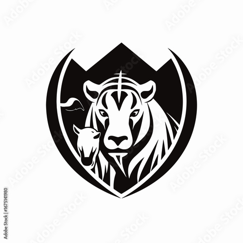 Striking tiger family crest design presented in bold, black and white silhouette