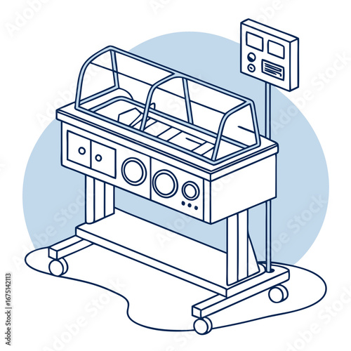 Isometric Illustration of a Neonatal Incubator with Control Panel and Wheels.