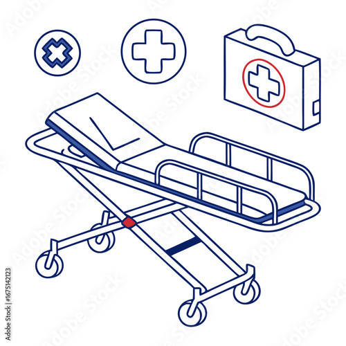 Isometric line art illustration of a medical emergency gurney with blue and red accents.