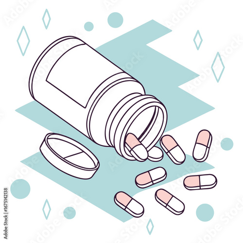 Isometric line art illustration of an open pill bottle with spilled pink and white capsules.