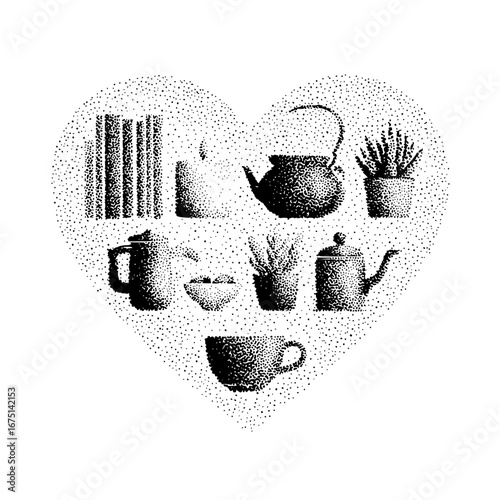 Vintage kitchenware and home decor in heart shape stippling design for print and digital use vector art