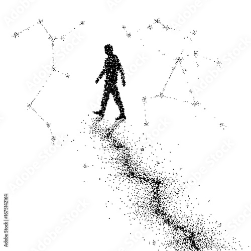Abstract art of man walking on path with constellations, concept of journey and exploration, silhouette art