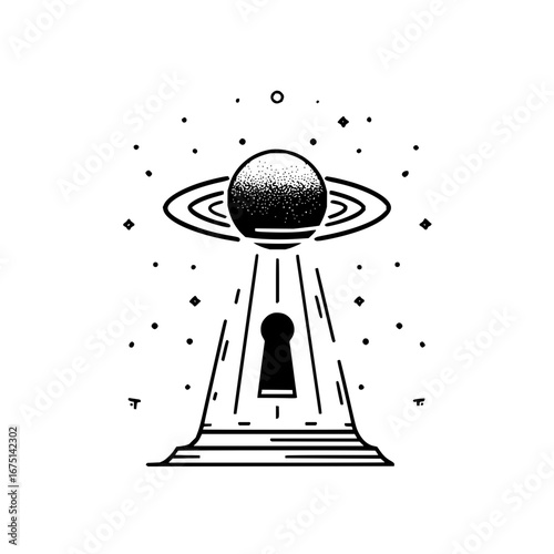 Mysterious ufo keyhole illustration black and white space exploration science fiction themed artwork design