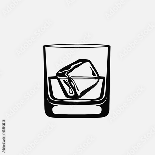 Whiskey glass with ice cube in simple black and white silhouette