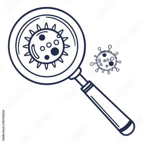 Magnifying glass revealing a spiky virus cell with internal structures scientific outline.