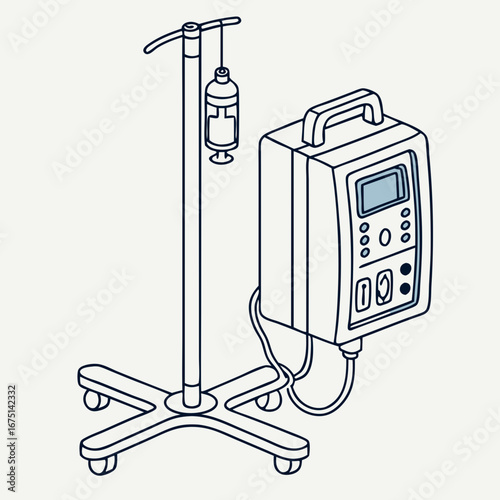 Medical Infusion Pump with IV Bag on Rolling Stand.