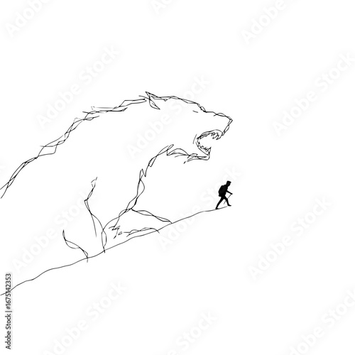 Man versus beast concept art sketch vector illustration adventure hiking danger wolf silhouette mountain climb