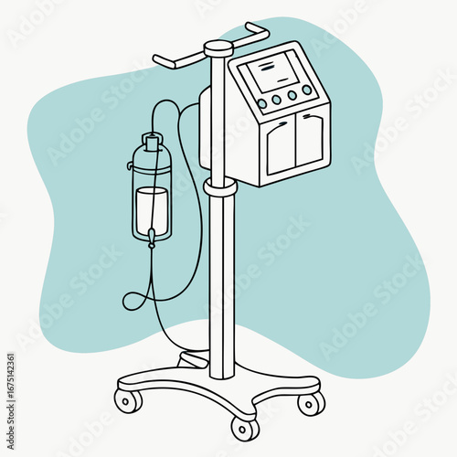 Medical IV Infusion Pump Stand with Fluid Bag.