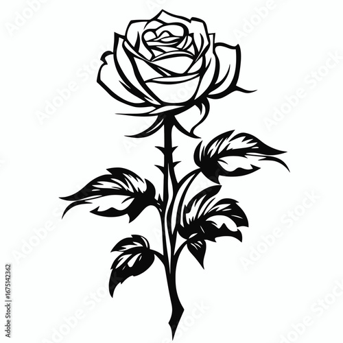 Elegant black rose with thorny stem, leaves vector silhouette
