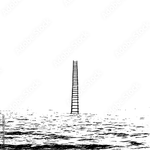 Ladder to nowhere surreal seascape black and white art print minimalist ocean escape monochrome climb to sky concept