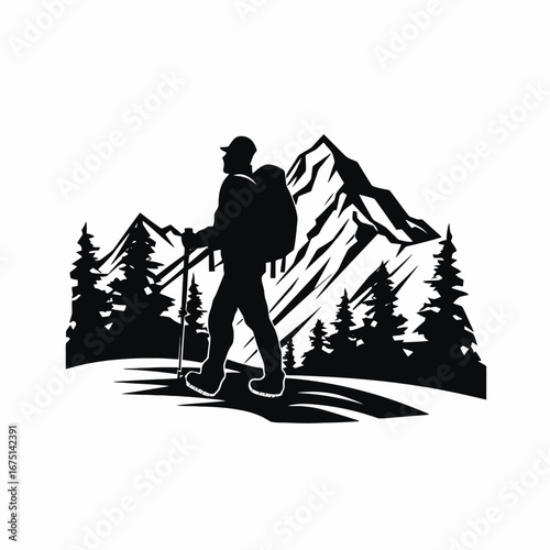 Adventurer trekking, amidst mountains and trees, in stunning vector silhouette