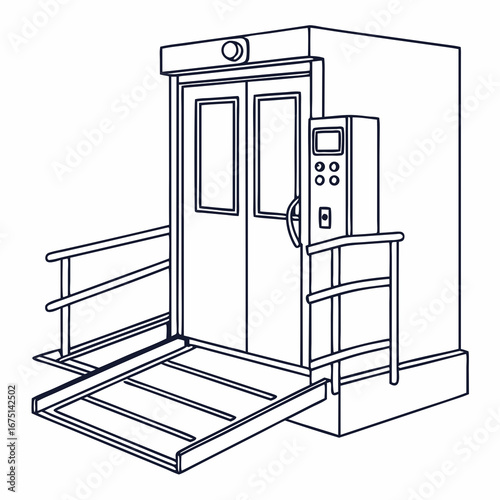 Outline drawing of a vertical platform lift for disabled access with an extended ramp.