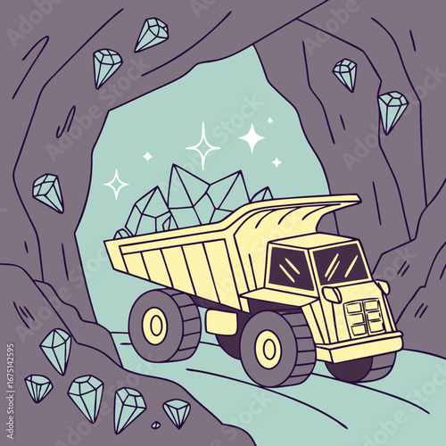Pale Yellow Mining Dump Truck Loaded with Sparkling Crystals.