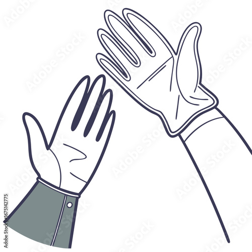Stylized illustration of two hands one bare and one wearing a lightcolored protective glove with stitching details.