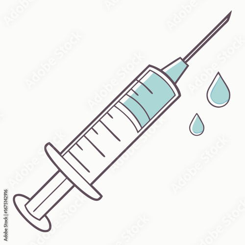 Stylized medical syringe with blue liquid and dripping drops a simple outline vector illustration.