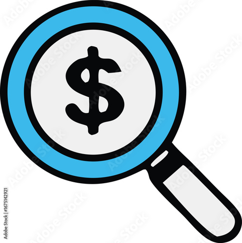 Magnifying glass focusing on dollar symbol financial analysis business research money search discovery insight