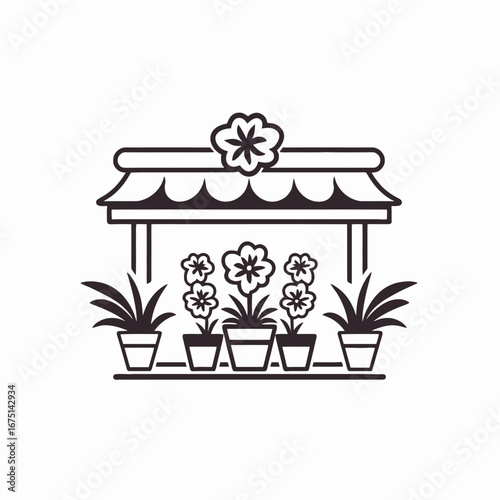 Minimalist flower shop exterior, potted plants monochrome vector design element silhouette