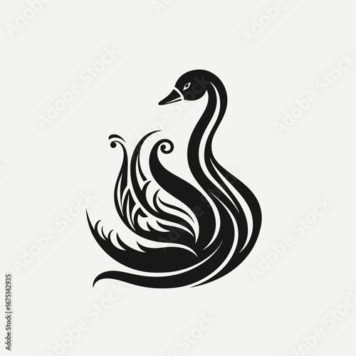 Elegant black and white majestic swan detailed artistic logo silhouette