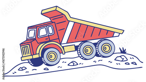 Vibrant Red and Yellow Cartoon Dump Truck with Raised Cargo Bed and Bold Outlines.