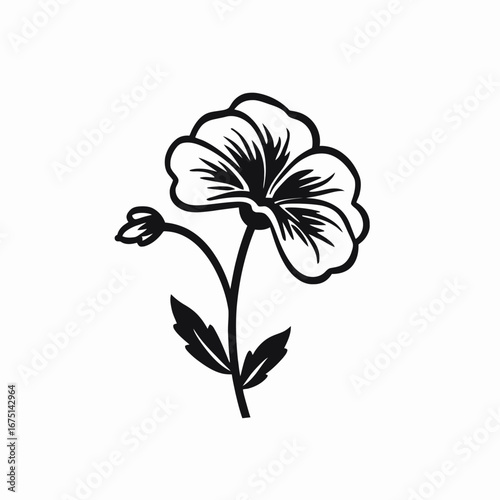 Elegant stylized monochrome pansy flower illustration on white background silhouette