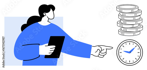 Woman holding tablet pointing at clock beside stacked coins, symbolizing time value and money management. Ideal for finance, savings, scheduling, productivity, investment, budgeting, simple flat