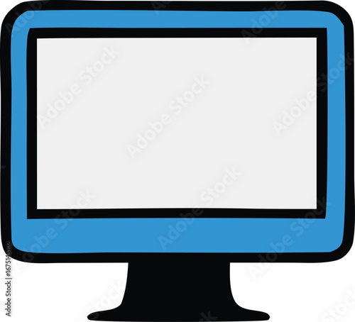 Modern blue computer monitor with white screen displaying digital content and technology information