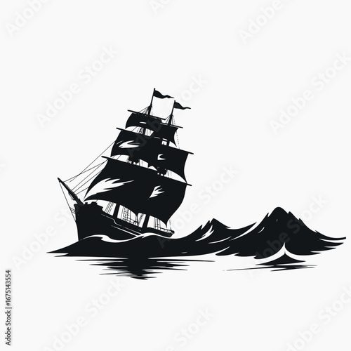 Sailing ship over stormy ocean waters in black and white silhouette