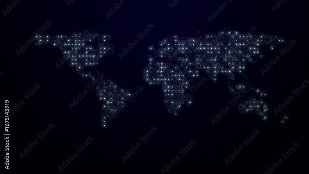 Digital world map glowing points global network visualization. Animation interconnected data systems, cyber technology, futuristic background business, finance, innovation, global communication themes