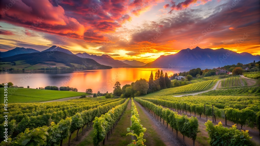 Naklejka premium Breathtaking vineyard landscape at sunset with lake and mountains in Switzerland