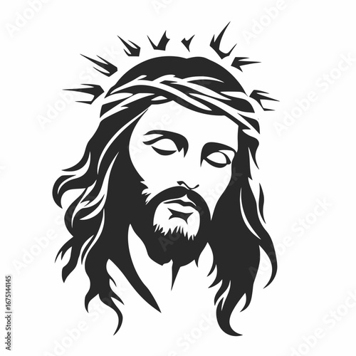 Artistic rendering of Jesus with crown thorns, minimalist icon silhouette