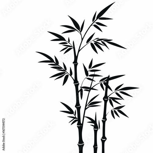 Elegant bamboo stalks with leaves illustrated in black vector silhouette