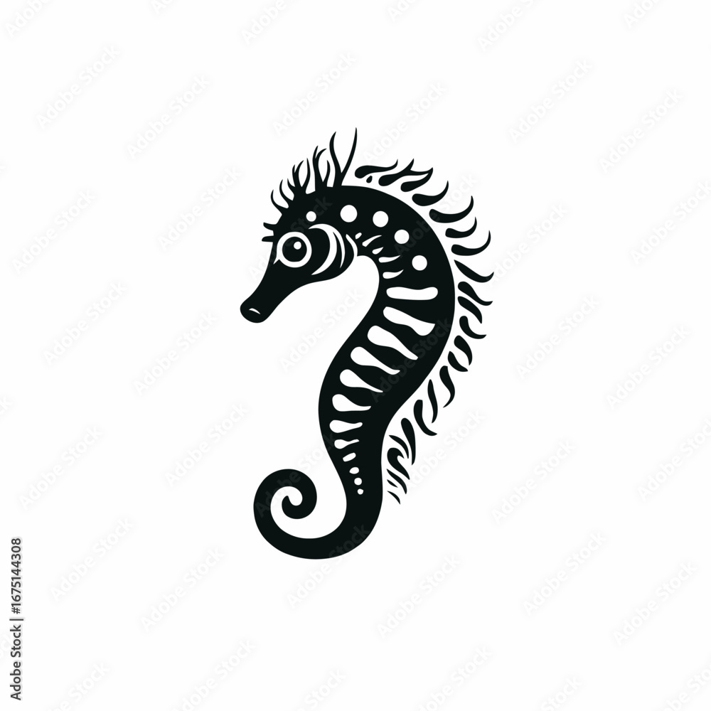 Fototapeta premium Ornate stylized seahorse drawing in minimal vector black and white silhouette