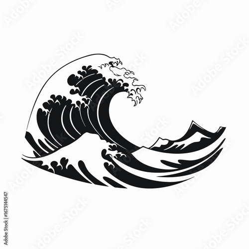 Dramatic ocean wave illustration with mountain view in black silhouette