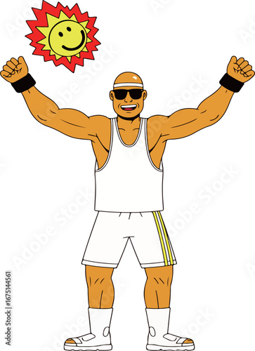 Cartoon Man Celebrating with Smiling Sun
