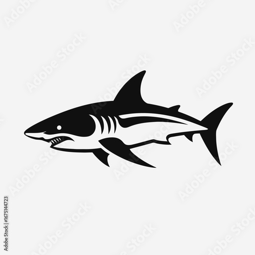 Powerful great white shark swimming vector drawing illustration, side view silhouette