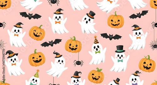 Cute halloween pattern with ghosts, pumpkins, bats, and spiders on a pink background, perfect for festive and fun holiday designs