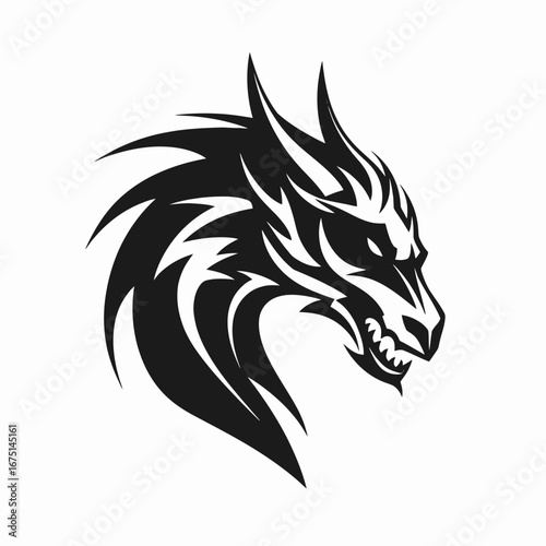 Fierce dragon head, powerful mythological creature graphic black vector silhouette