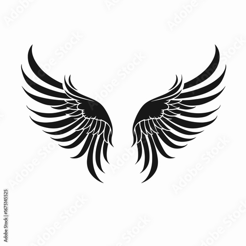 Angelic feathered wings soar in a divine monochrome vector silhouette