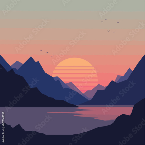 Stylized sunset over a tranquil mountain lake with a striped sun and flying birds.