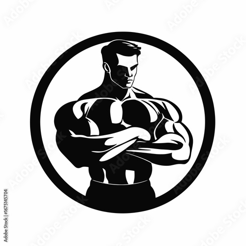 Strong bodybuilder with arms crossed in the circle simple silhouette