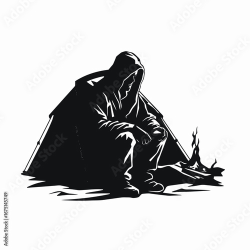 Solitary camper sits near the fire, a stark graphical silhouette