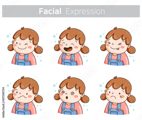 Cute girl character facial expression set showing six emotions: happy, laughing, silly, sad, surprised, and crying. Perfect for stickers, icons, or educational materials.